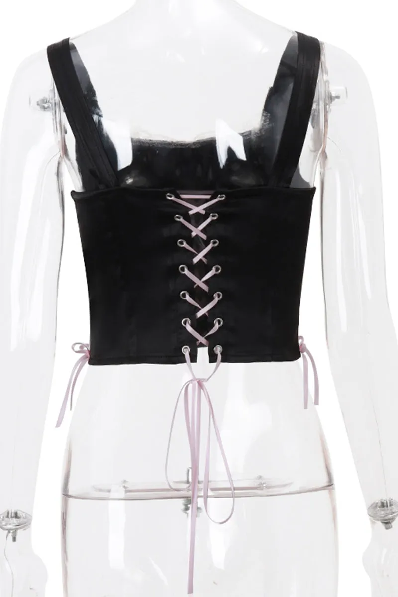 Sexy Cross Straps Pearls Decor Square Neck Tops
