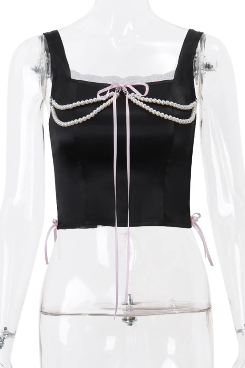 Sexy Cross Straps Pearls Decor Square Neck Tops