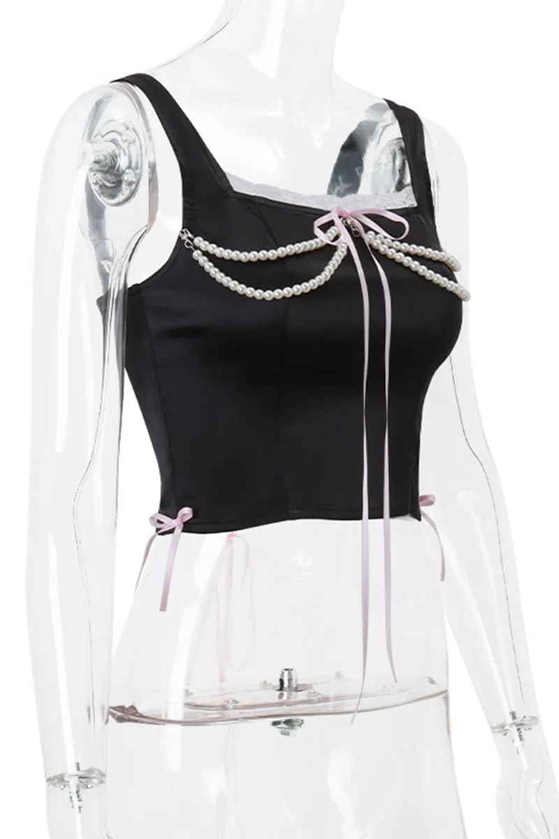 Sexy Cross Straps Pearls Decor Square Neck Tops