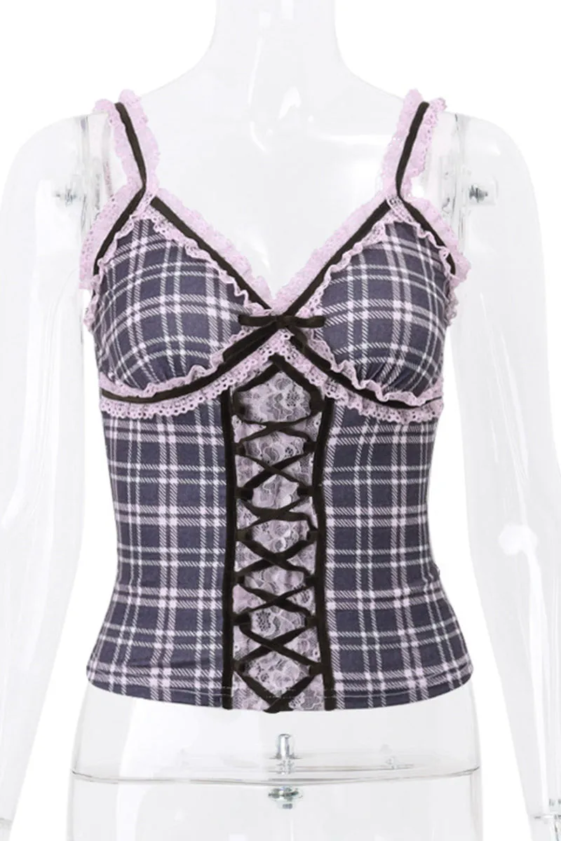 Sexy Plaid Lace Patchwork Contrast V Neck Tops