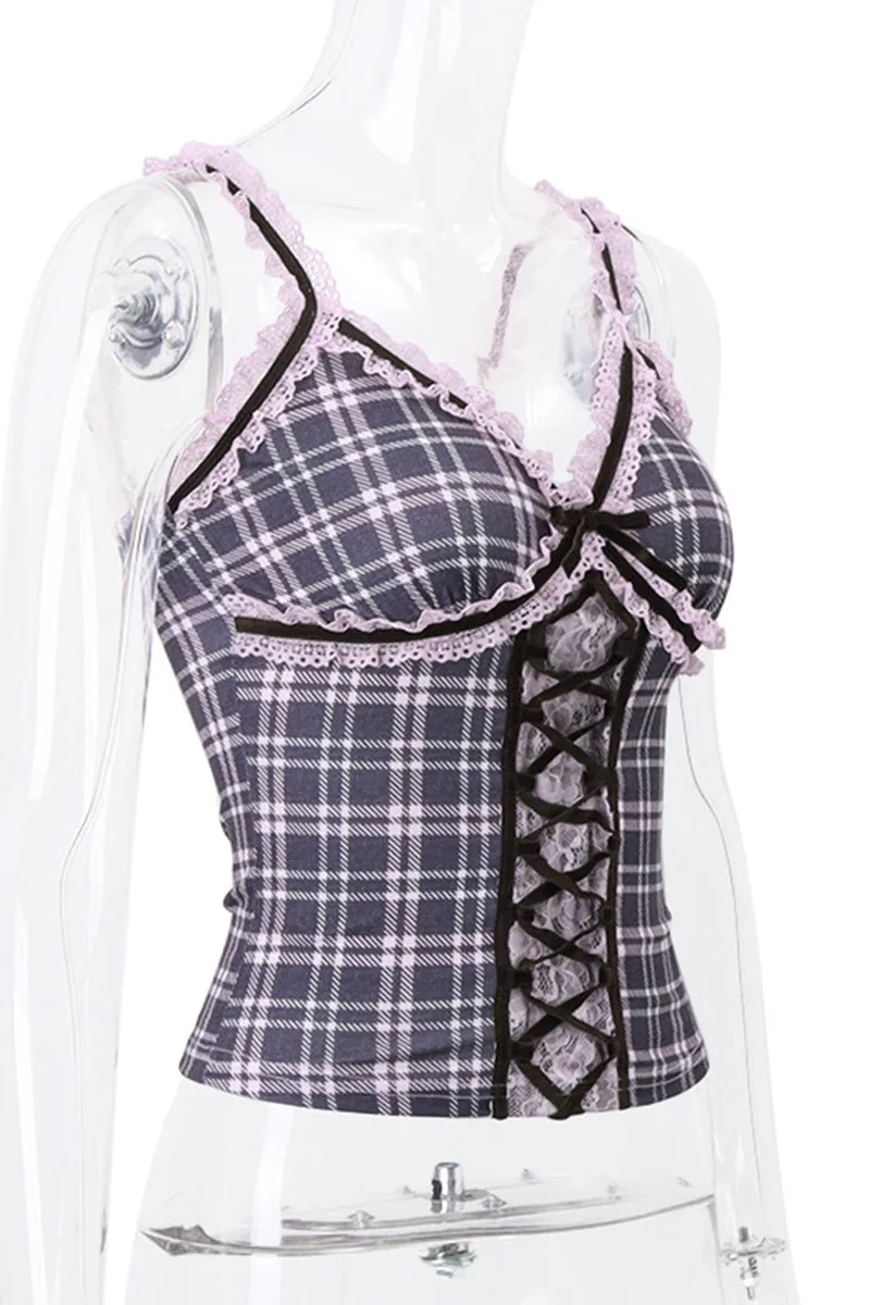Sexy Plaid Lace Patchwork Contrast V Neck Tops