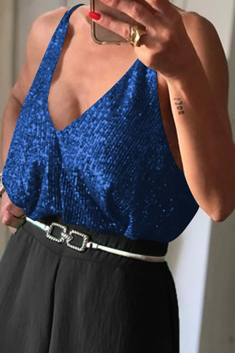 Sexy Solid Sequins Sequined V Neck Tops