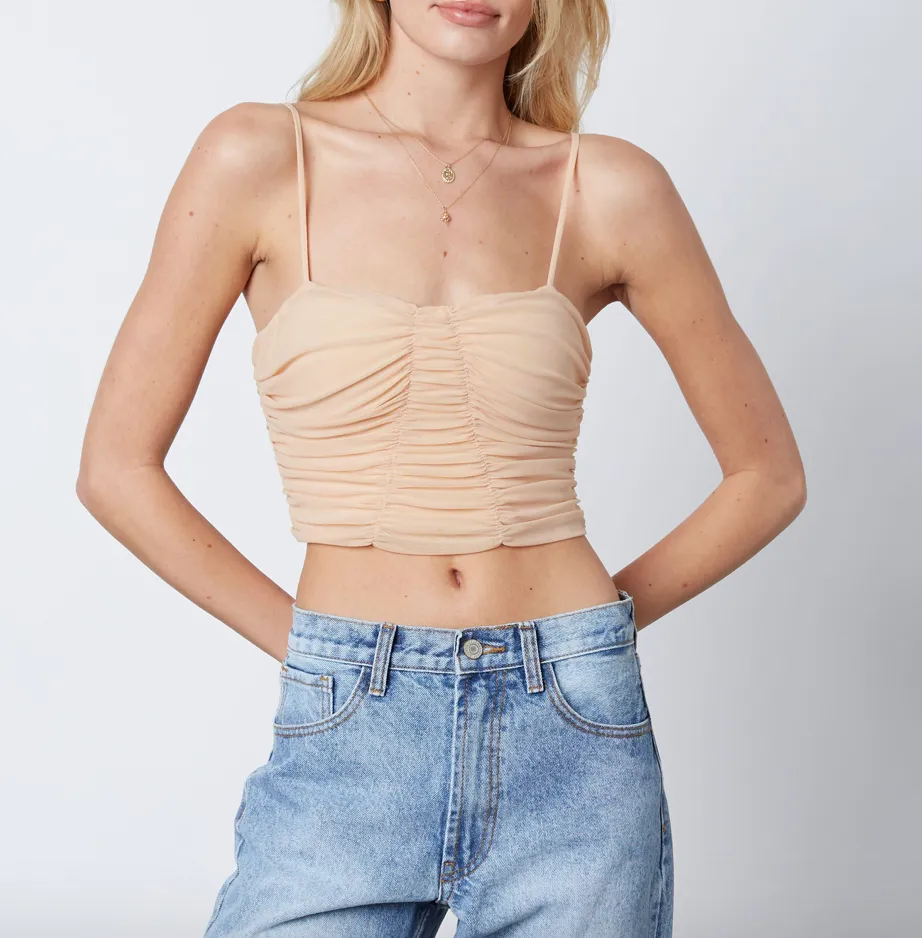 Sheer Mesh Ruch Spaghetti Strap Crop Top