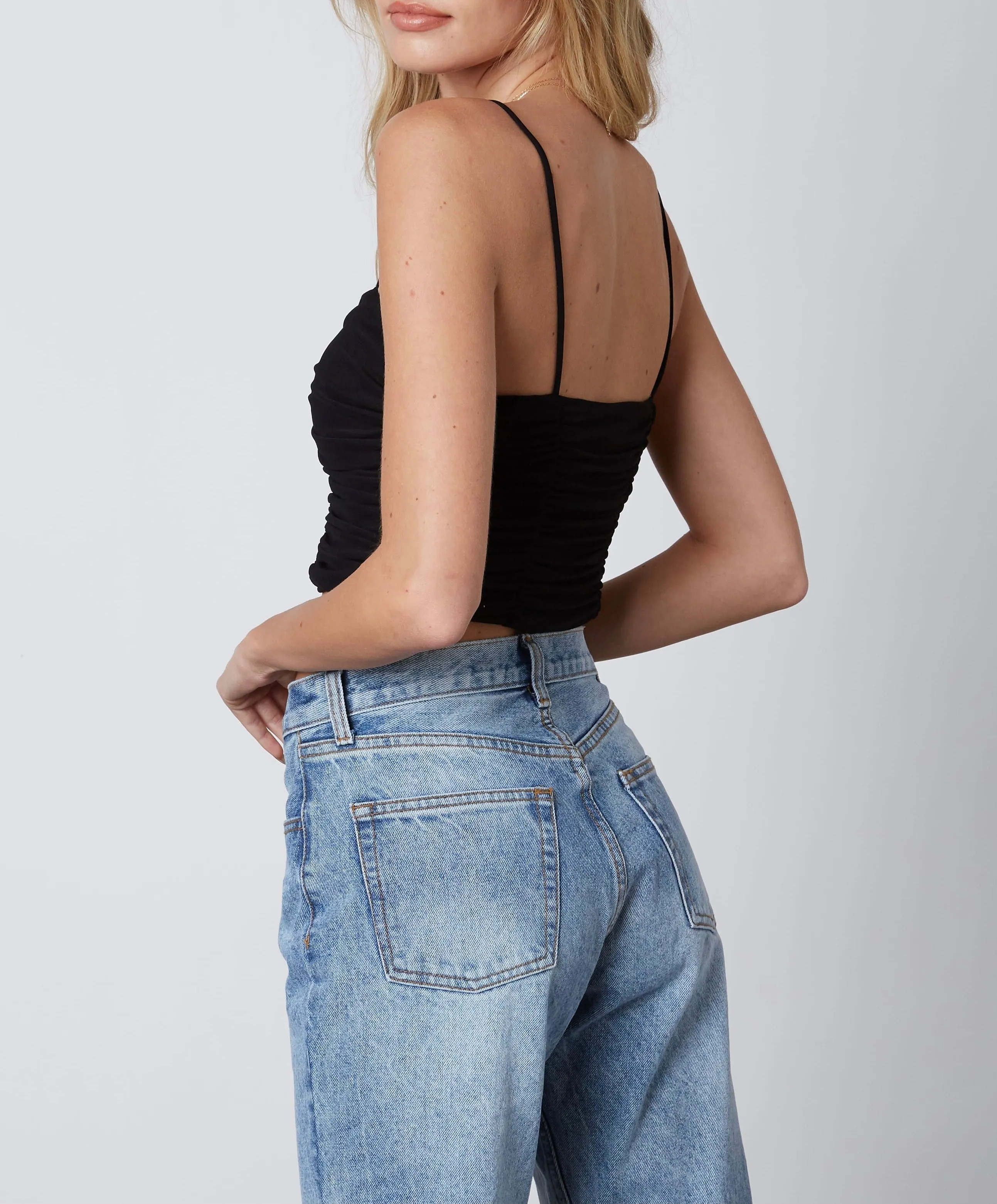 Sheer Mesh Ruch Spaghetti Strap Crop Top