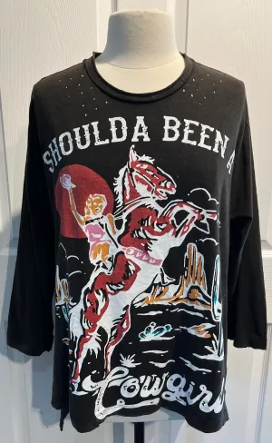 Shoulda Been A Cowgirl Distressed Black Top