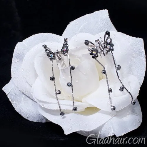 Silver Butterfly Mini Clamps with Trailing Droppers Black- pair