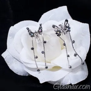 Silver Butterfly Mini Clamps with Trailing Droppers Black- pair