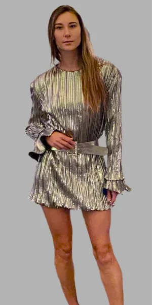 Silver Pleated Bubble Dress with Belt