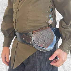 'Single Leaf Pouch' Medieval Leather Utility Belt, Boho  - Black