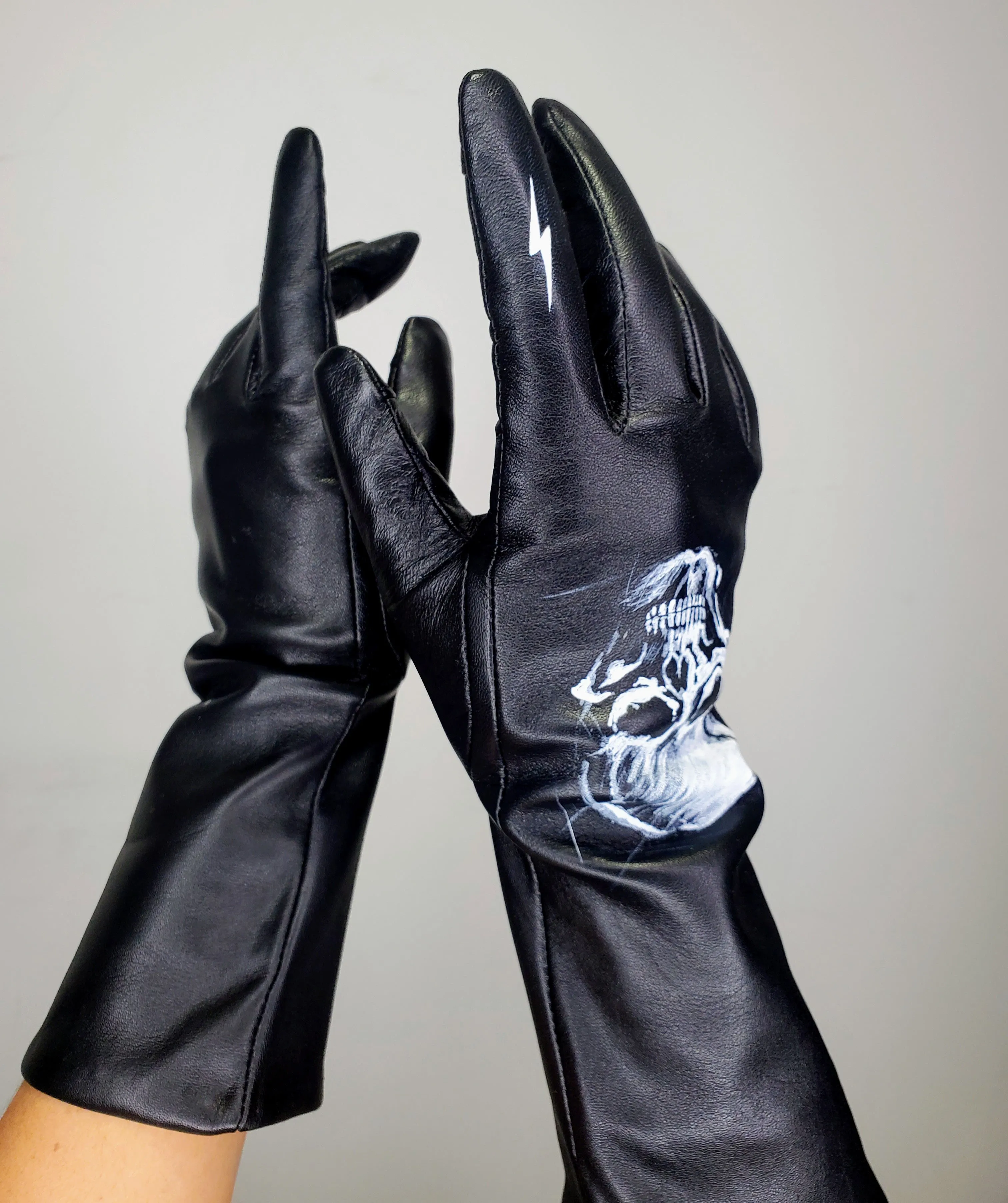 Skull Hand painted Lightning Bolt Black Leather Gloves