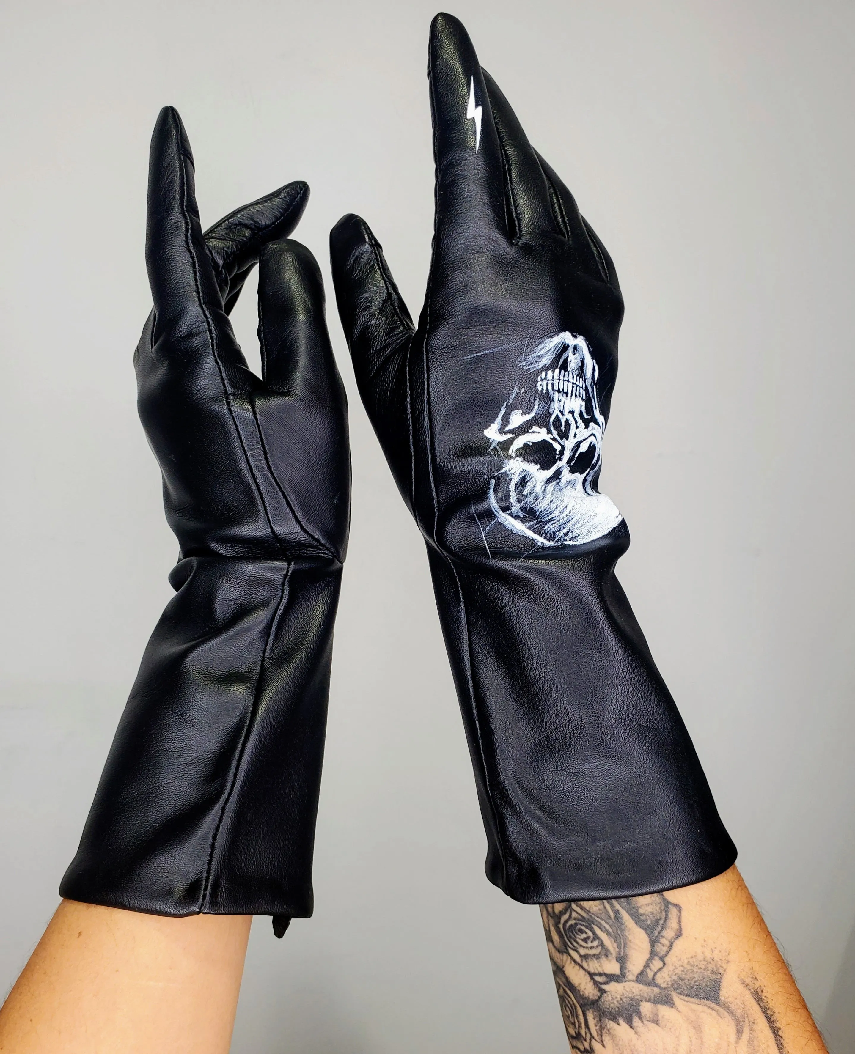 Skull Hand painted Lightning Bolt Black Leather Gloves