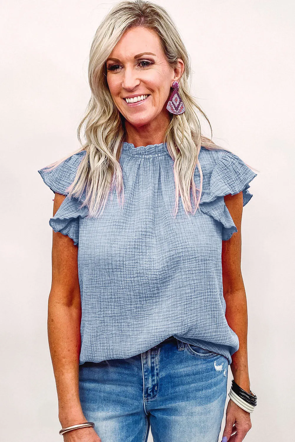 Sky Blue Flutter Sleeve Frilled Neck Textured Blouse