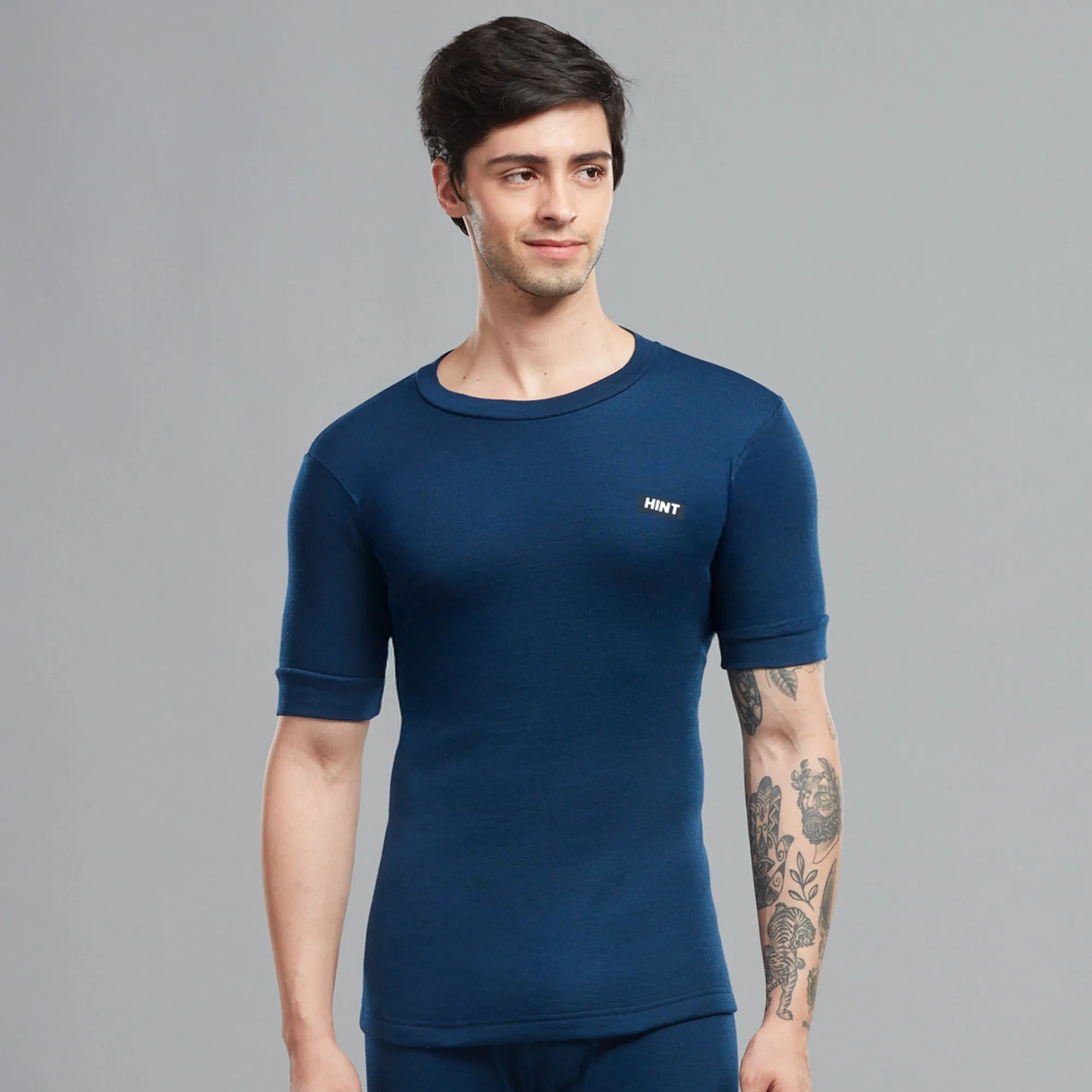 Soft Acrylic-Polyester Blend Slim Fit Spectra Thermal Vest with a Brushed Interlock Fabric, Round Neckline, and Half Sleeves - Navy