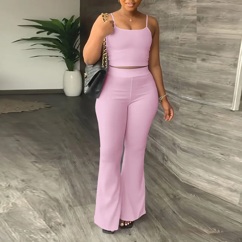 Solid Sleeveless Spaghetti Strap Top & Pants Set