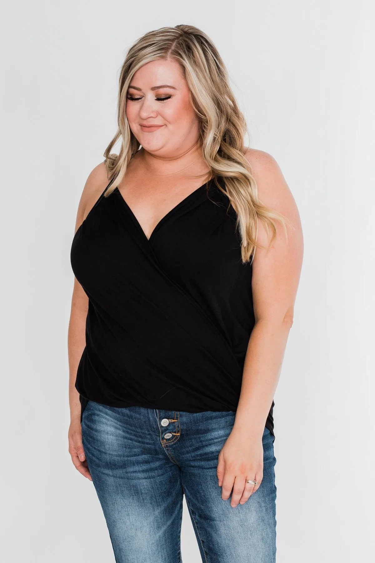 Something Simple Wrap Tank Top- Black