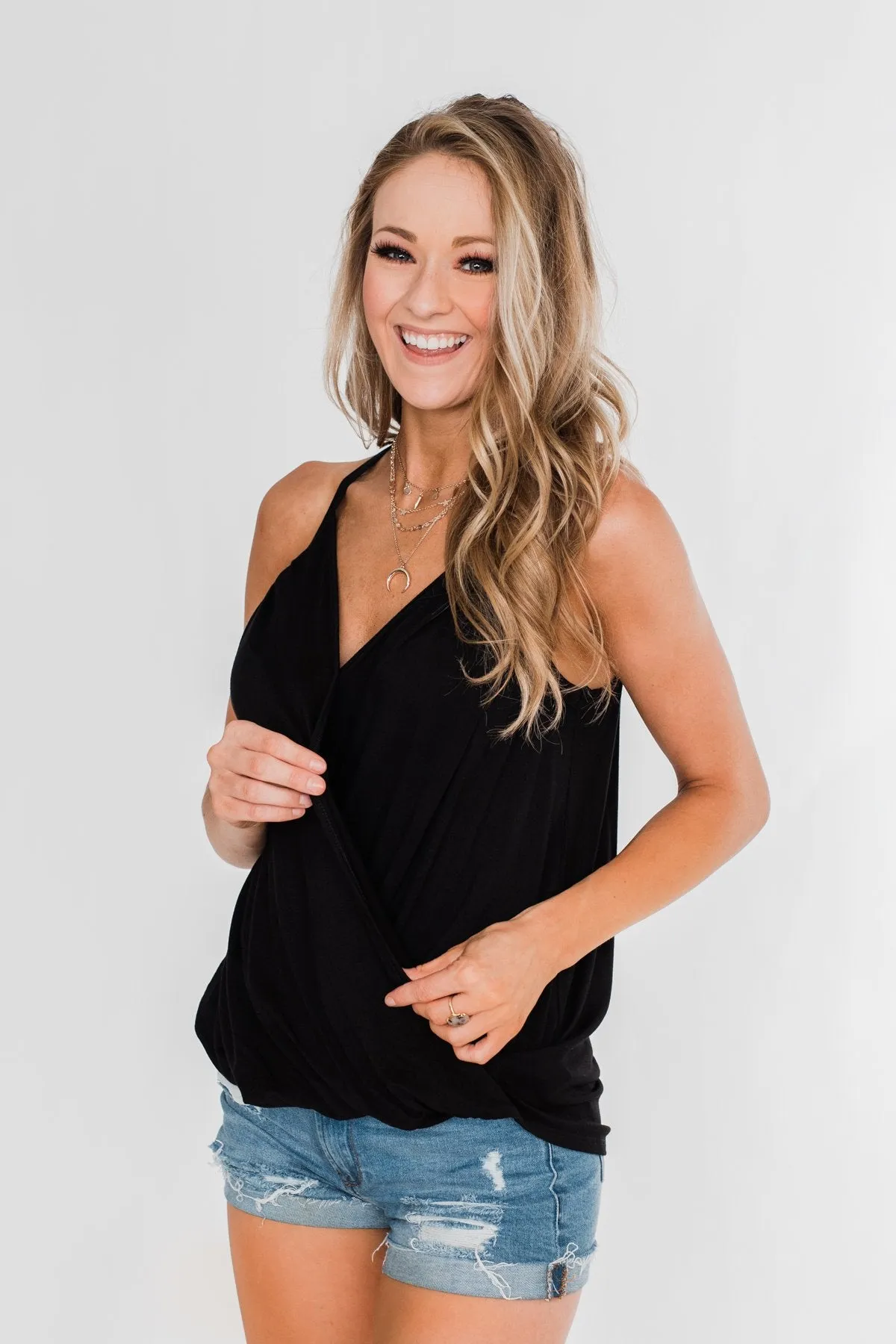 Something Simple Wrap Tank Top- Black