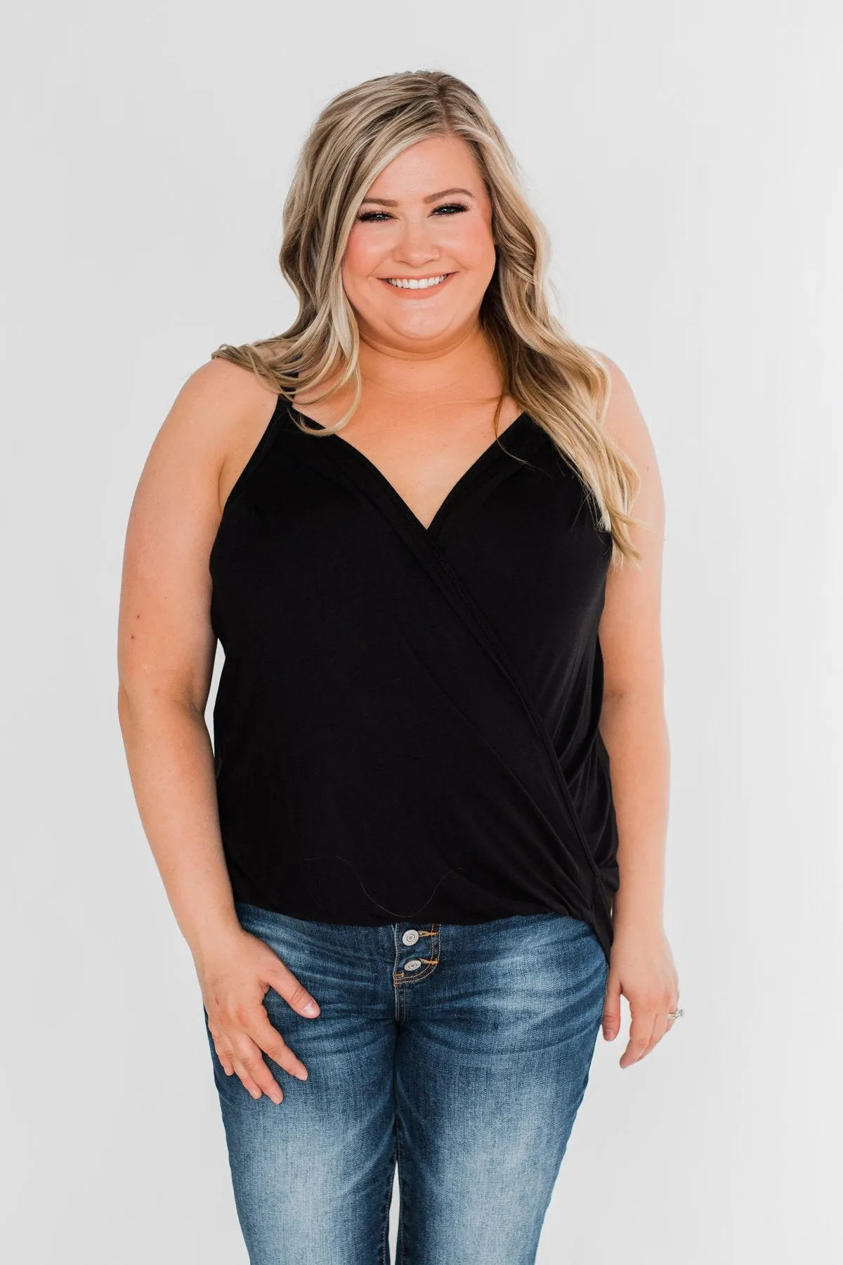 Something Simple Wrap Tank Top- Black