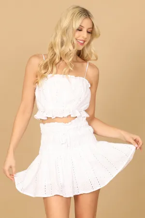 SPAGHETTI STRAP RUFFLE EYELET TOP SMOCKED SKIRT