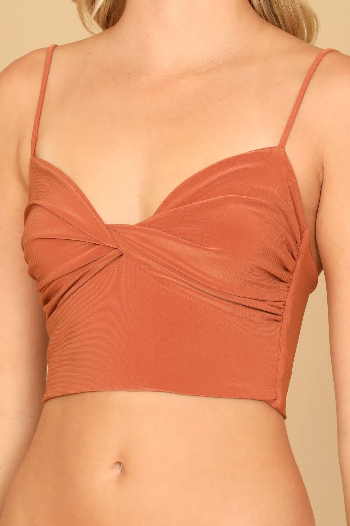 SPAGHETTI STRAP TWIST FRONT VELVET BRALETTE TOP