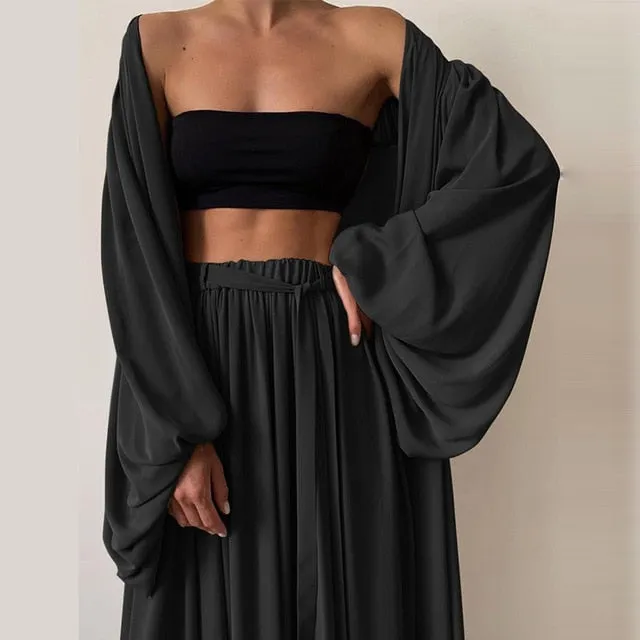 Spring Soft Women Three Piece Set Fashion Wrap Cardigan Tops And High Waist Pants Suit Female Casual Simple Tracksuits Homewear