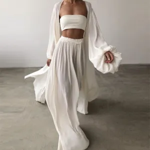 Spring Soft Women Three Piece Set Fashion Wrap Cardigan Tops And High Waist Pants Suit Female Casual Simple Tracksuits Homewear