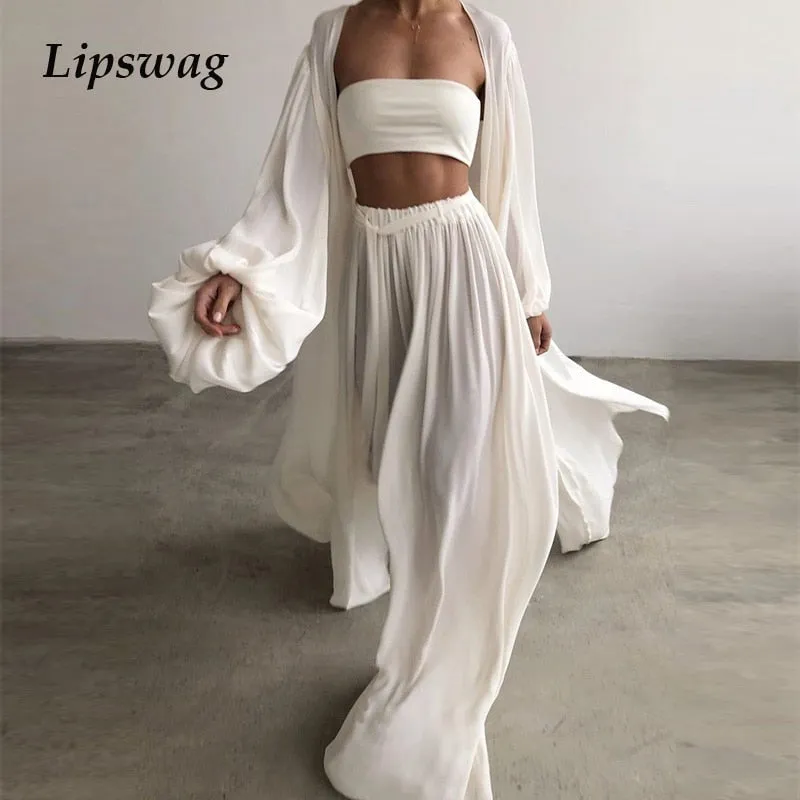 Spring Soft Women Three Piece Set Fashion Wrap Cardigan Tops And High Waist Pants Suit Female Casual Simple Tracksuits Homewear