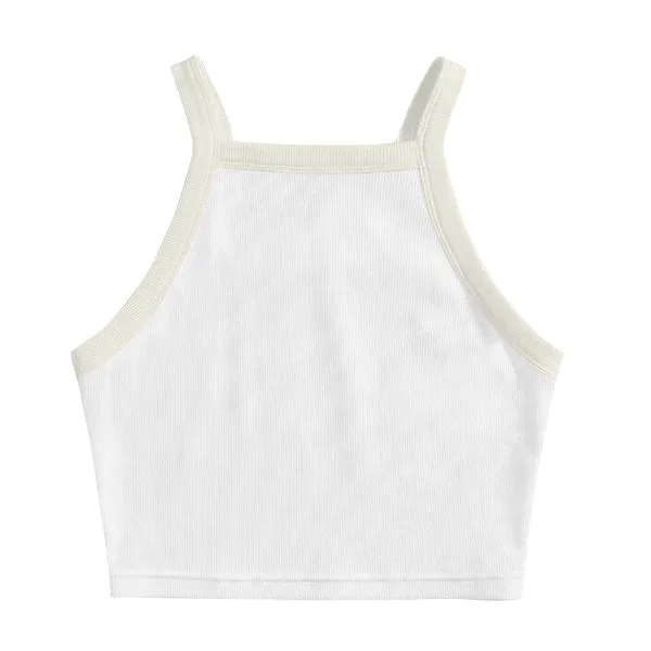 Square High Neck Rib Spaghetti Tank