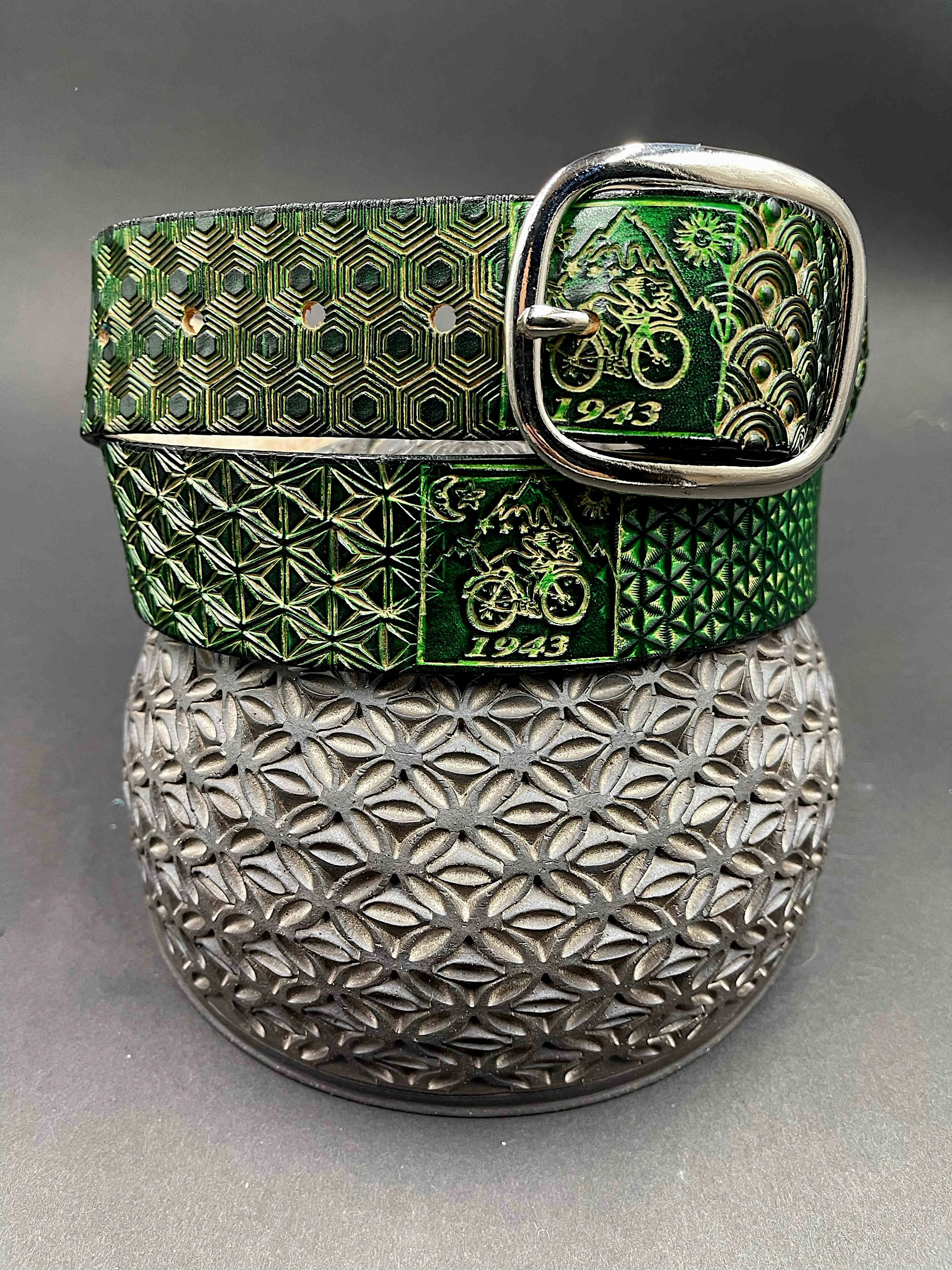 Stamped Leather Belt - Bicycle Day