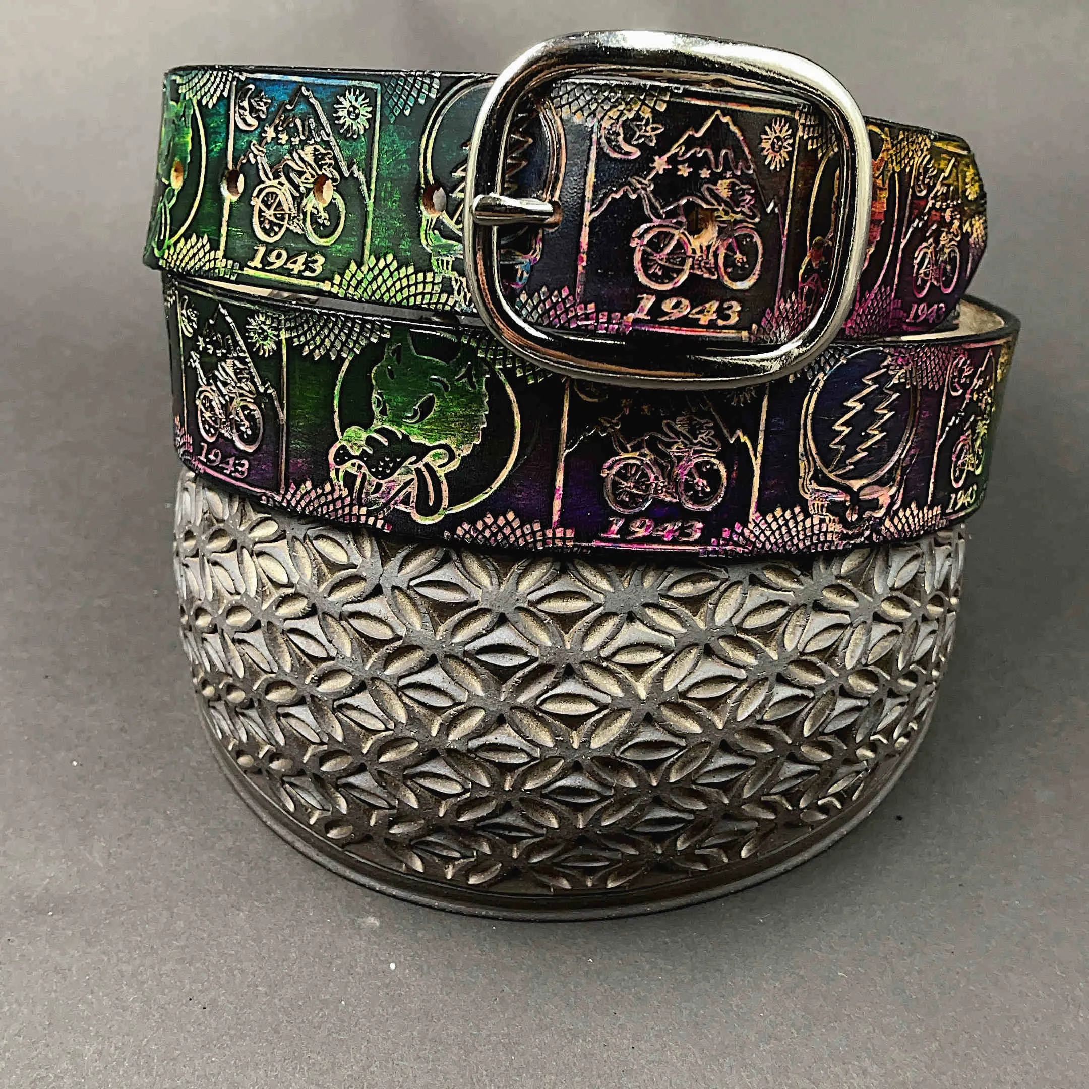 Stamped Leather Belt - Bicycle Day
