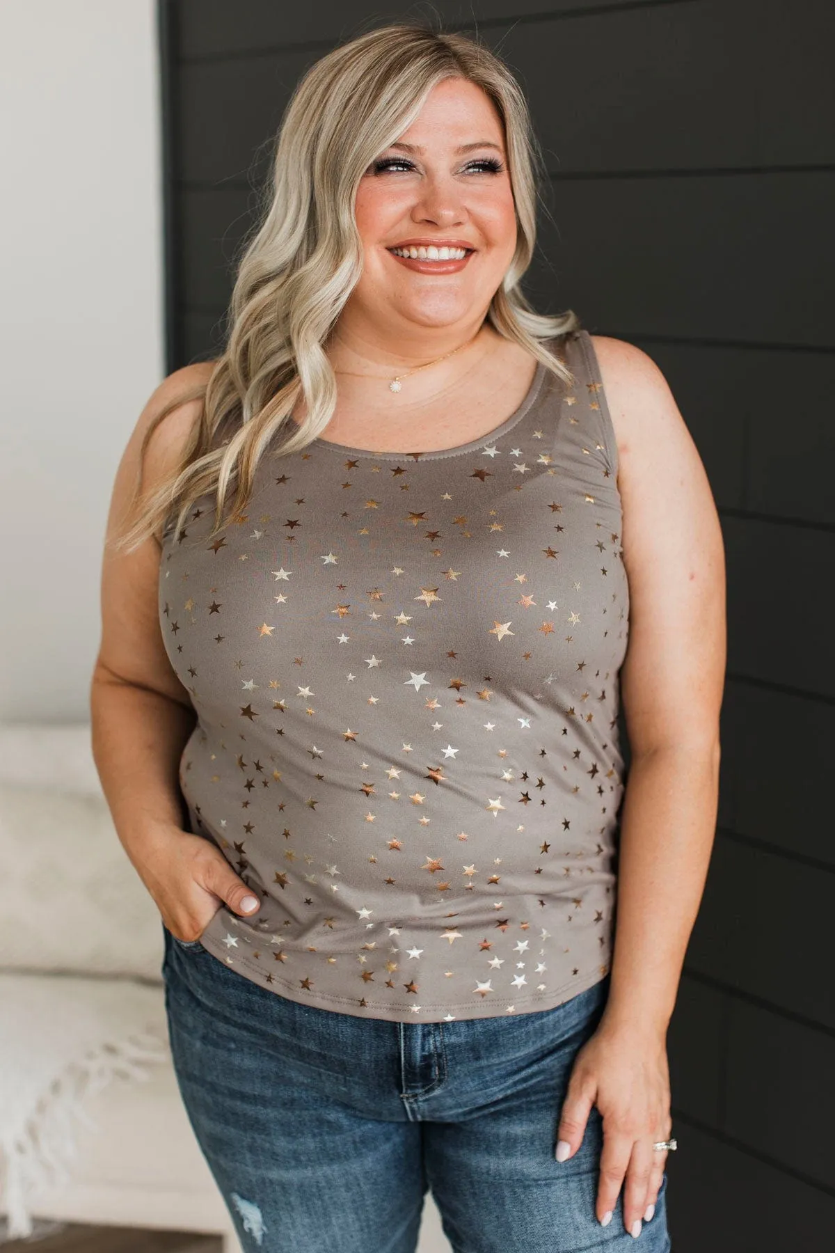 Star Gazing Printed Tank Top- Mocha