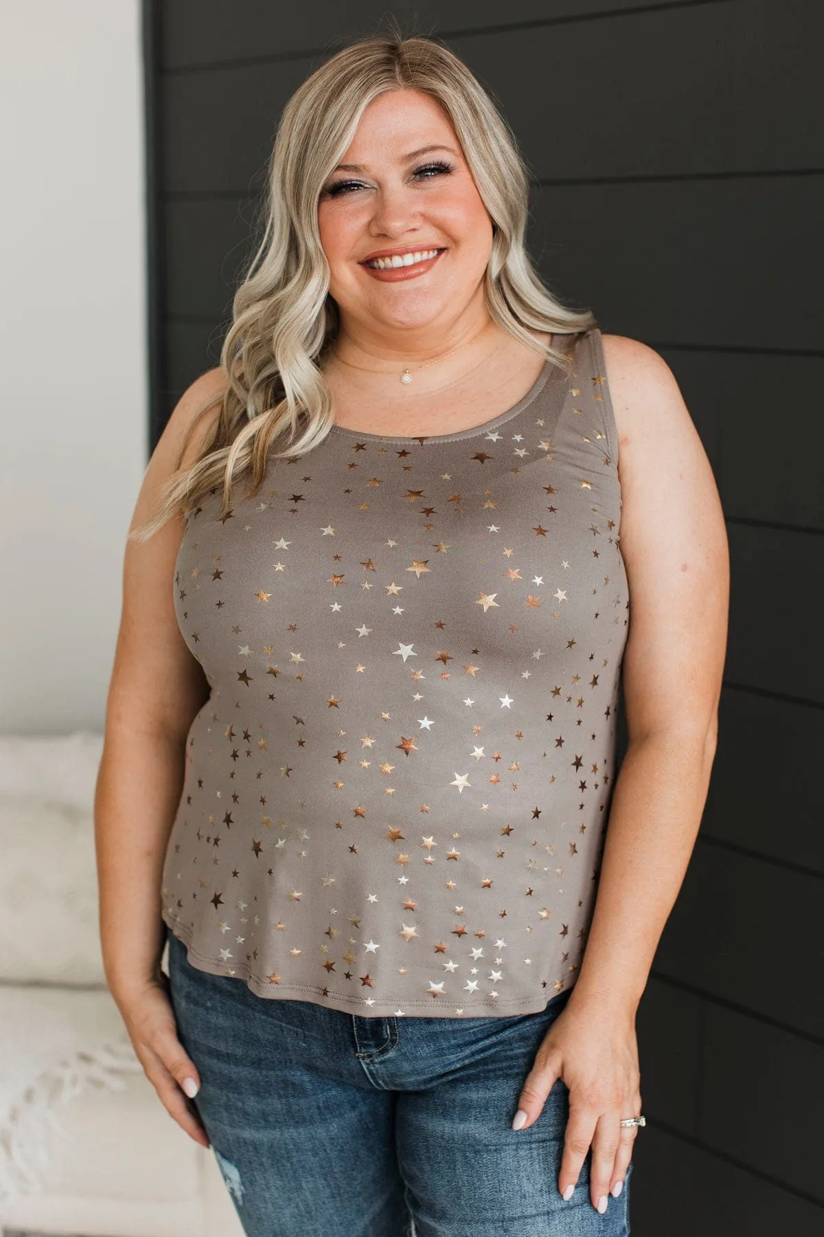 Star Gazing Printed Tank Top- Mocha