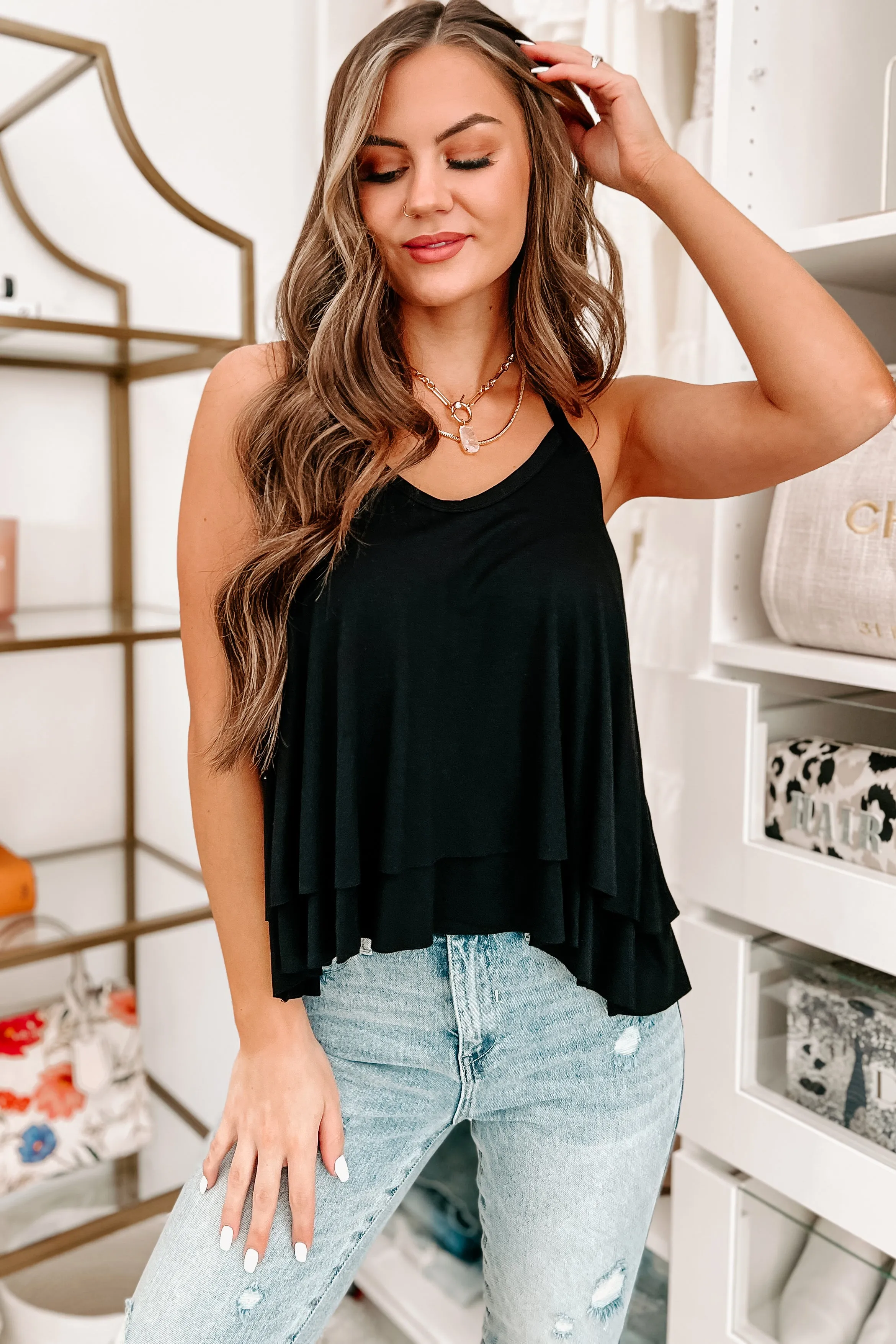 Steady Heart Tiered Racerback Tank Top (Black)