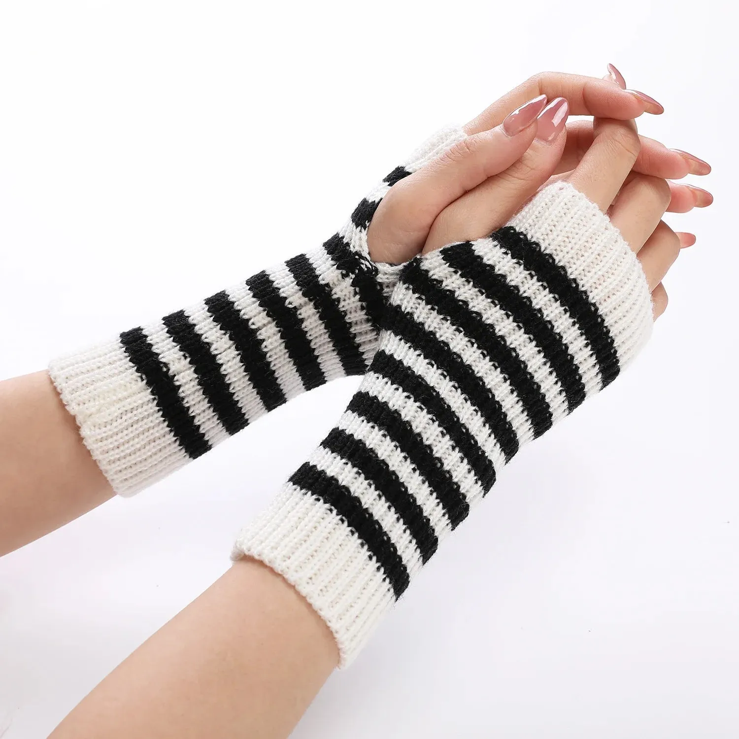 Striped Knitted Fingerless Gloves – Japanese Harajuku JK Style, Y2K Winter Cuff Gloves & Mittens
