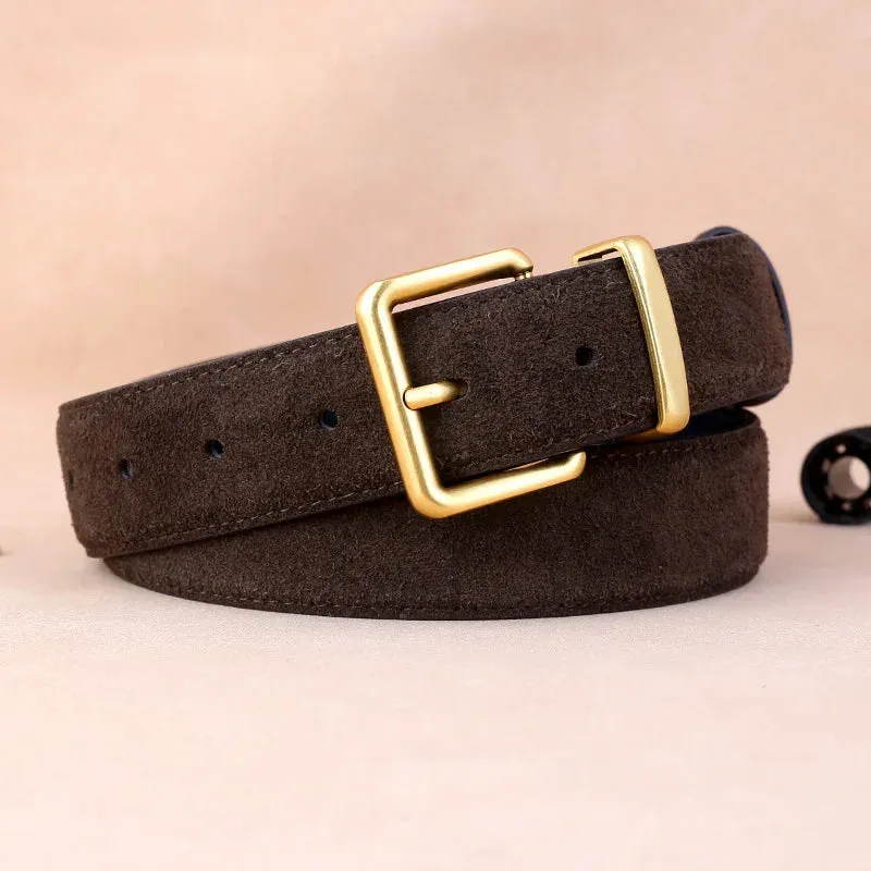 Suede Belt – Cowskin Genuine Leather for Men and Women, Oxford Fabric Strap, Luxury Pin Buckle in Blue and Gray