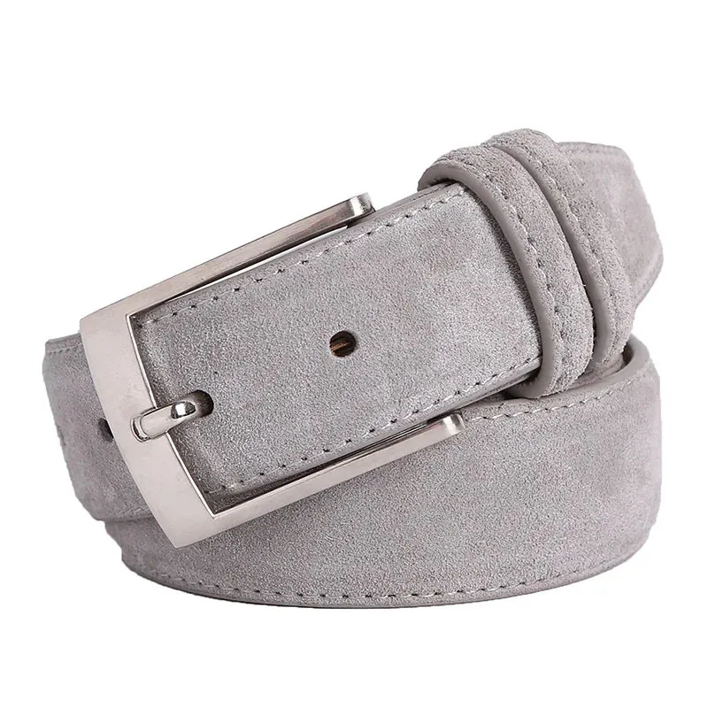 Suede Belt – Cowskin Genuine Leather for Men and Women, Oxford Fabric Strap, Luxury Pin Buckle in Blue and Gray