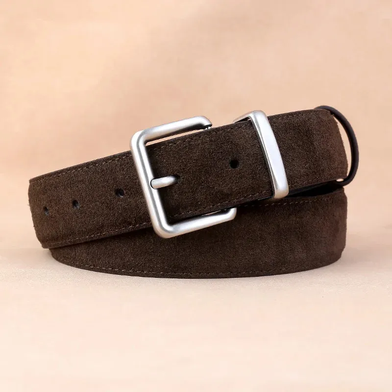 Suede Belt – Cowskin Genuine Leather for Men and Women, Oxford Fabric Strap, Luxury Pin Buckle in Blue and Gray