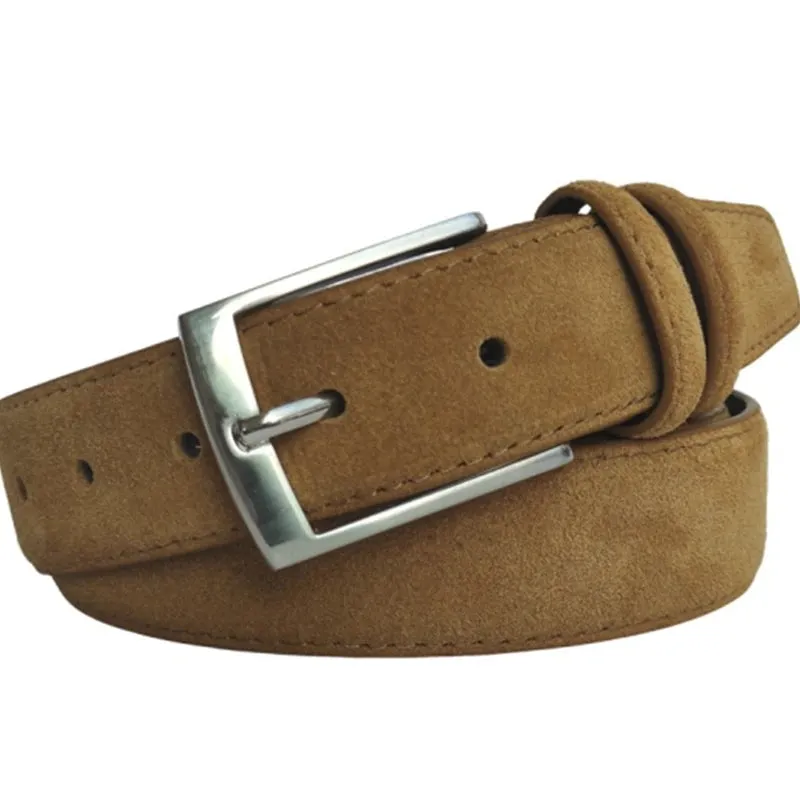 Suede Belt – Cowskin Genuine Leather for Men and Women, Oxford Fabric Strap, Luxury Pin Buckle in Blue and Gray