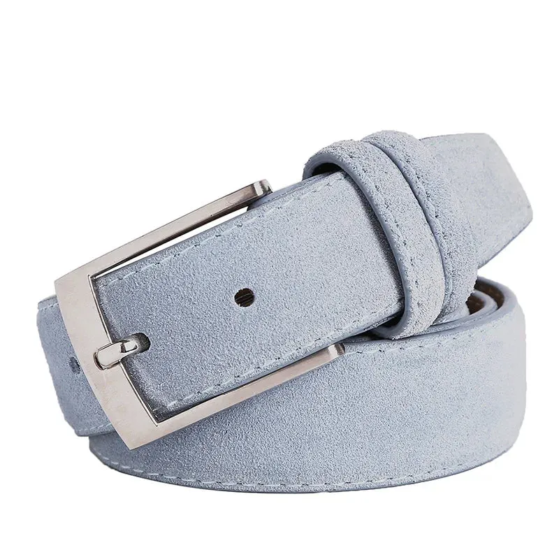 Suede Belt – Cowskin Genuine Leather for Men and Women, Oxford Fabric Strap, Luxury Pin Buckle in Blue and Gray