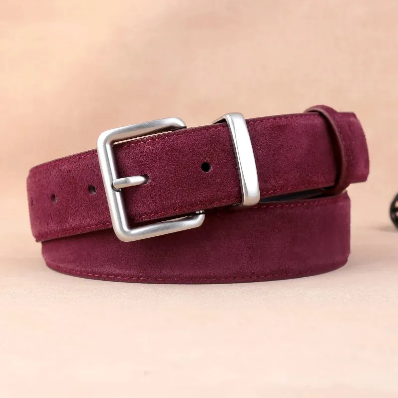 Suede Belt – Cowskin Genuine Leather for Men and Women, Oxford Fabric Strap, Luxury Pin Buckle in Blue and Gray