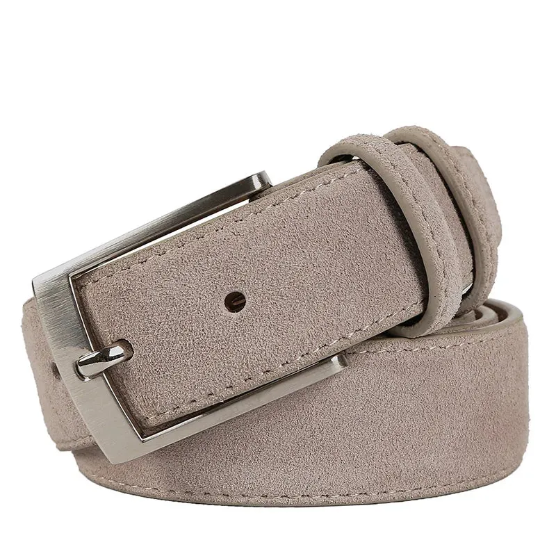 Suede Belt – Cowskin Genuine Leather for Men and Women, Oxford Fabric Strap, Luxury Pin Buckle in Blue and Gray