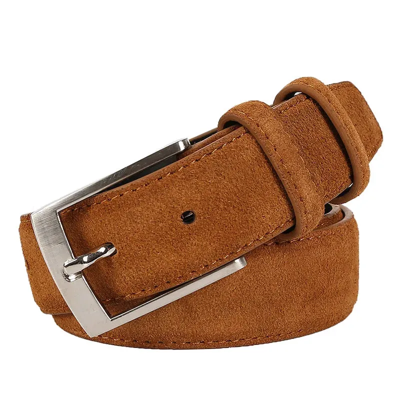Suede Belt – Cowskin Genuine Leather for Men and Women, Oxford Fabric Strap, Luxury Pin Buckle in Blue and Gray