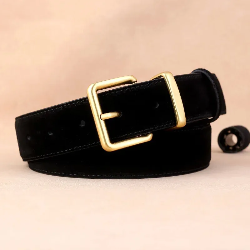 Suede Belt – Cowskin Genuine Leather for Men and Women, Oxford Fabric Strap, Luxury Pin Buckle in Blue and Gray