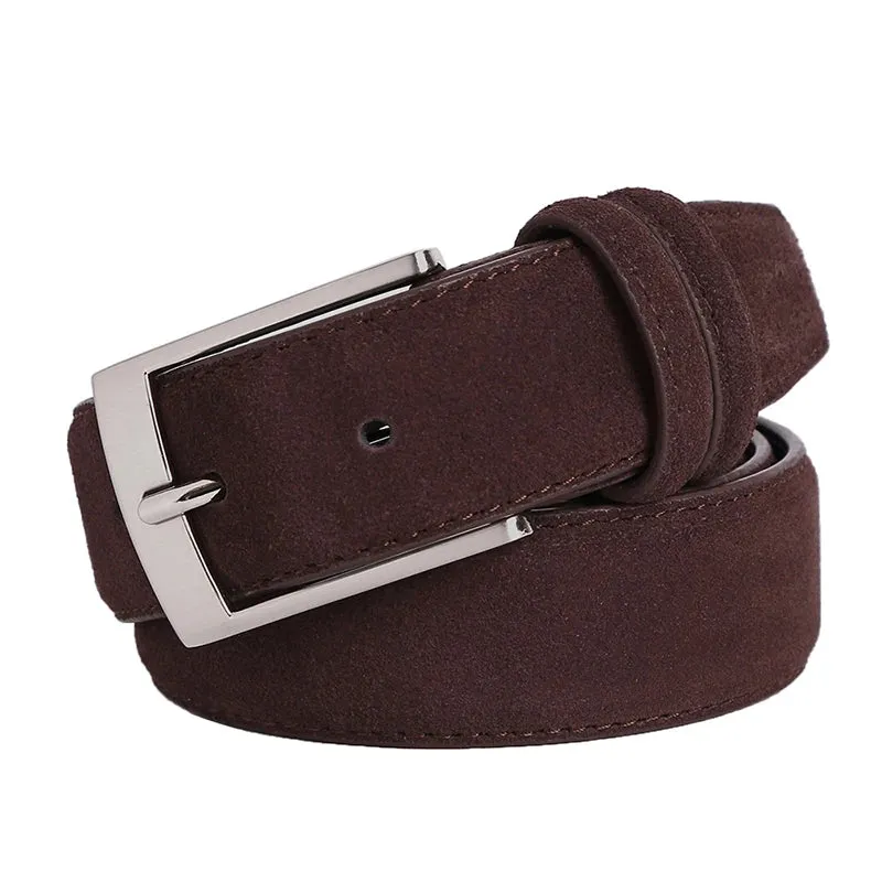 Suede Belt – Cowskin Genuine Leather for Men and Women, Oxford Fabric Strap, Luxury Pin Buckle in Blue and Gray