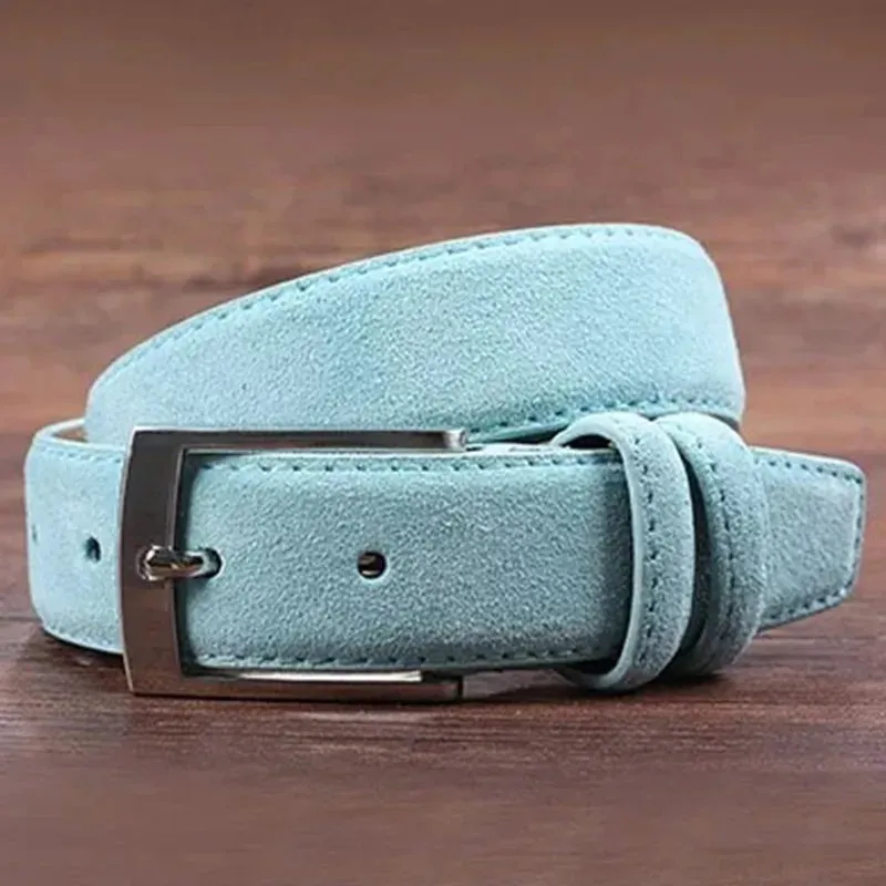 Suede Belt – Cowskin Genuine Leather for Men and Women, Oxford Fabric Strap, Luxury Pin Buckle in Blue and Gray
