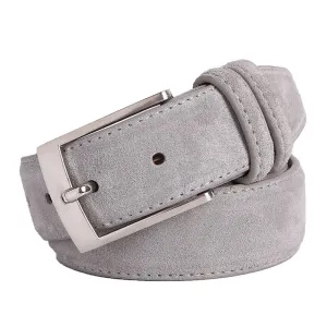Suede Belt – Cowskin Genuine Leather for Men and Women, Oxford Fabric Strap, Luxury Pin Buckle in Blue and Gray