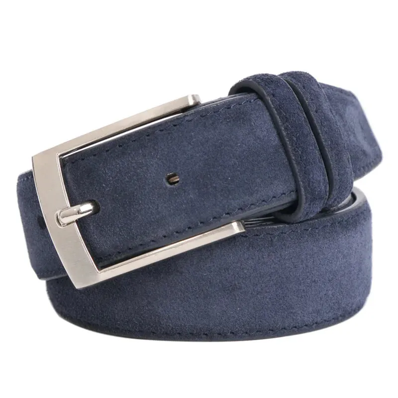 Suede Belt – Cowskin Genuine Leather for Men and Women, Oxford Fabric Strap, Luxury Pin Buckle in Blue and Gray