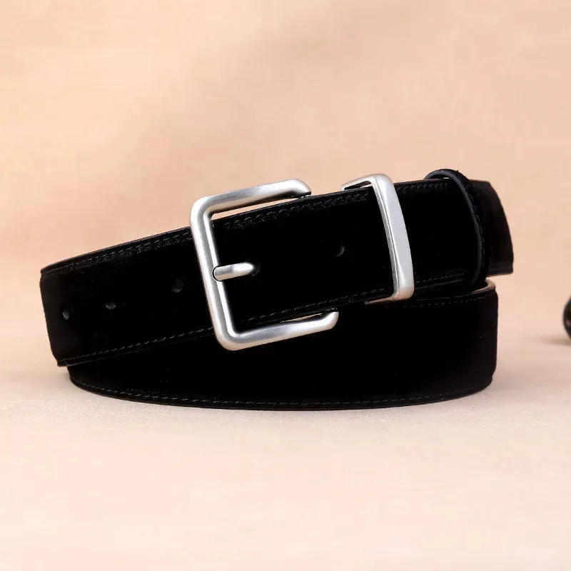 Suede Belt – Cowskin Genuine Leather for Men and Women, Oxford Fabric Strap, Luxury Pin Buckle in Blue and Gray