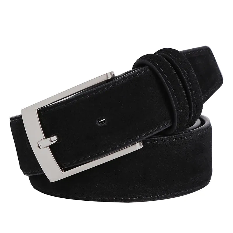 Suede Belt – Cowskin Genuine Leather for Men and Women, Oxford Fabric Strap, Luxury Pin Buckle in Blue and Gray