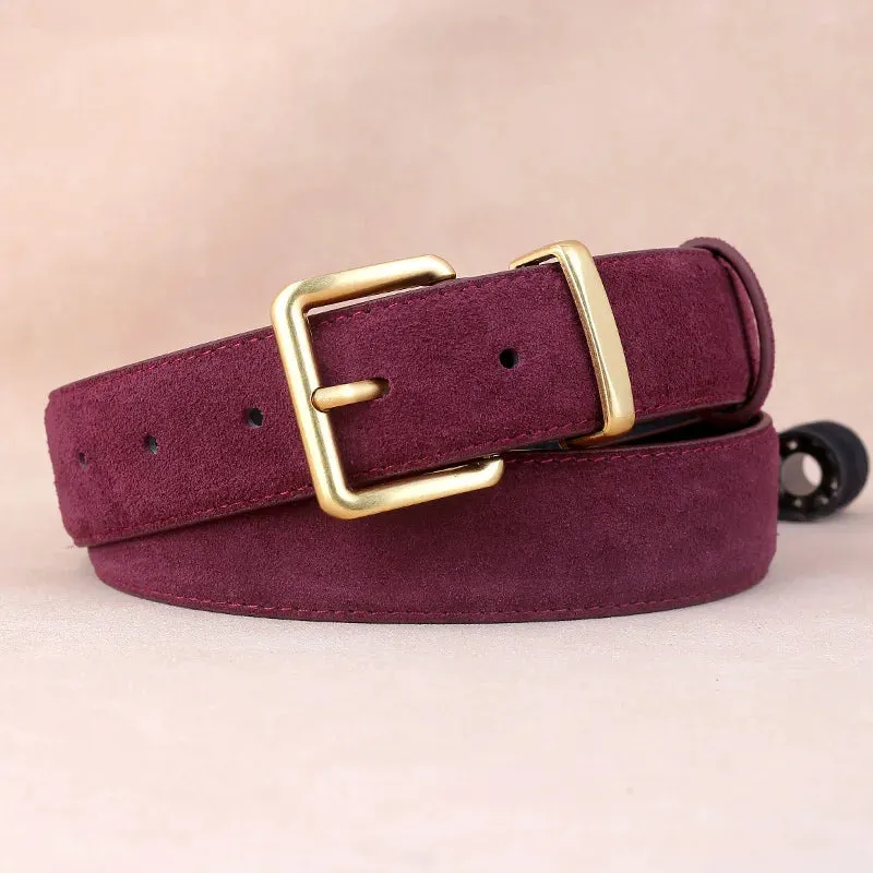 Suede Belt – Cowskin Genuine Leather for Men and Women, Oxford Fabric Strap, Luxury Pin Buckle in Blue and Gray
