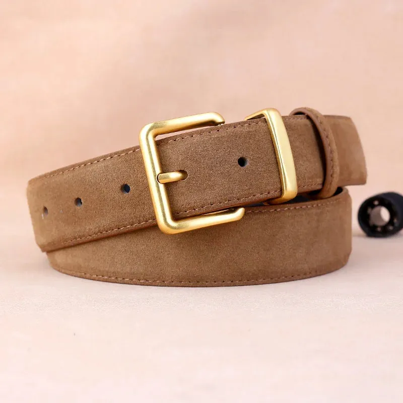 Suede Belt – Cowskin Genuine Leather for Men and Women, Oxford Fabric Strap, Luxury Pin Buckle in Blue and Gray